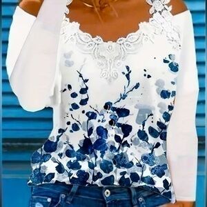 Floral Print Lace Stitching Casual Cold Shoulder Long Sleeve Knit Top - NWOT